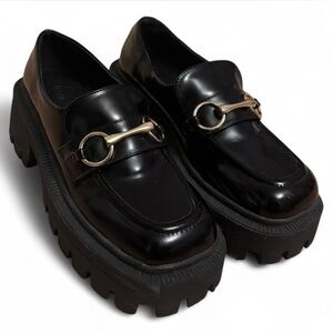 Black Platform Lug Sole Loafers with Gold Bit Detail